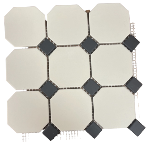 Octogone Grès Cérame pleine masse, Blanc ( cabochons noirs), à la plaque